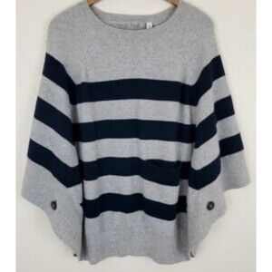 AUTUMN CASHMERE Striped Sweater Cape Poncho Gray and Blue 100% Cashmere (Bx 20)
